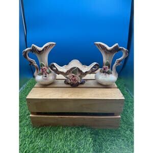 Vintage 3-Piece Iridescent Lustreware Ceramic Garniture Console Set w/ 3D Roses